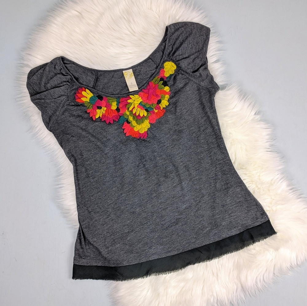 Anthropologie Short Sleeve Tee with Multicolor Floral Applique - Charcoal